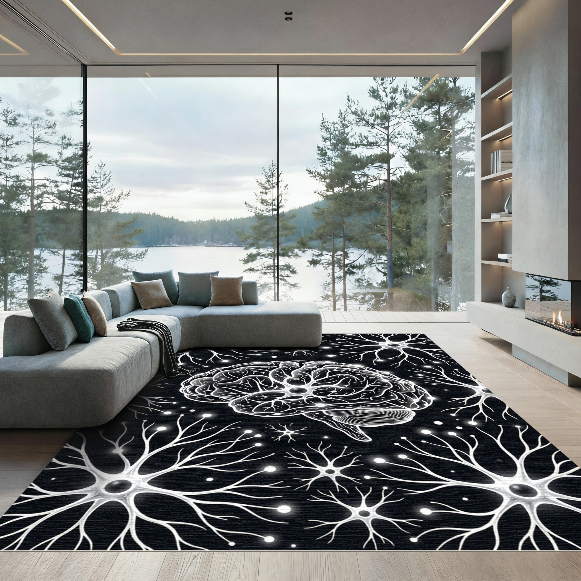 Glow Brain Neurons Black Composition Rug