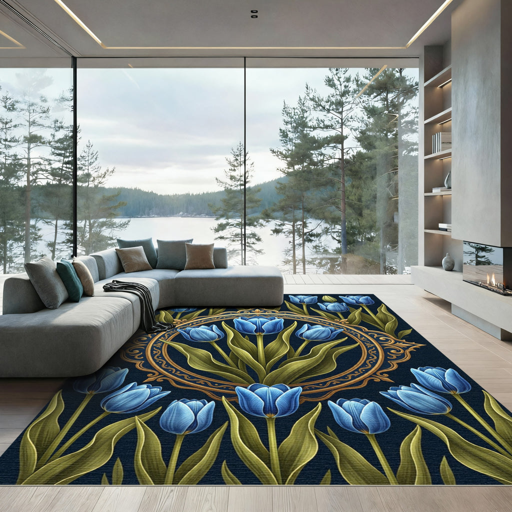 Ornate Blue Tulip Medallion Floral Rug