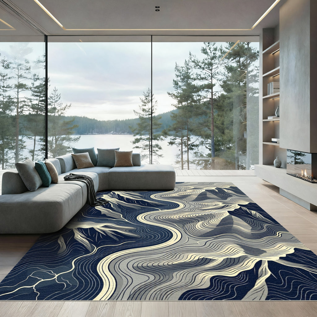 Abstract Midnight Mountain Topographic Contour Rug