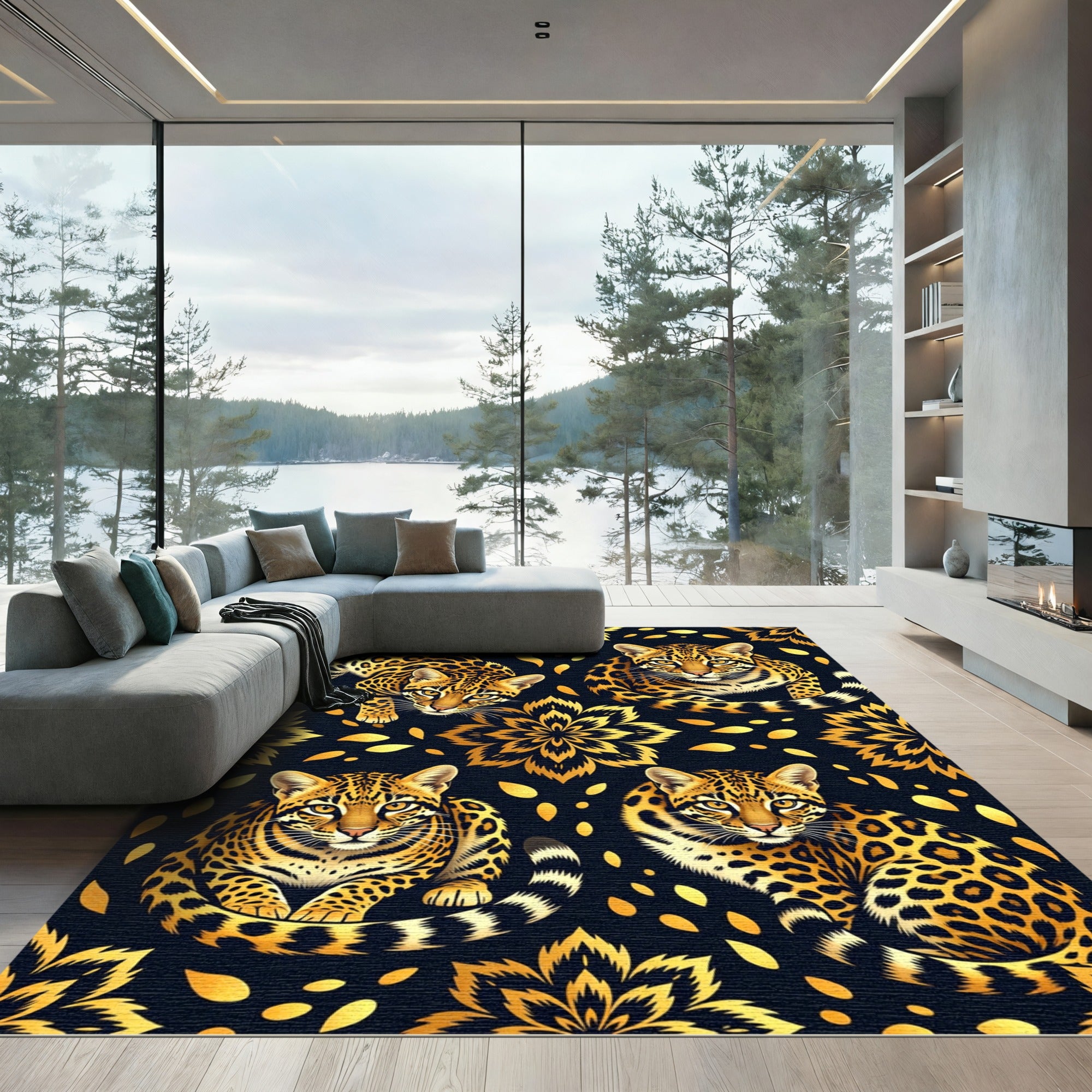 Golden Jaguar Medallion Animal Print Rug