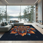 Vibrant Golden Blue Floral Mandala Rug