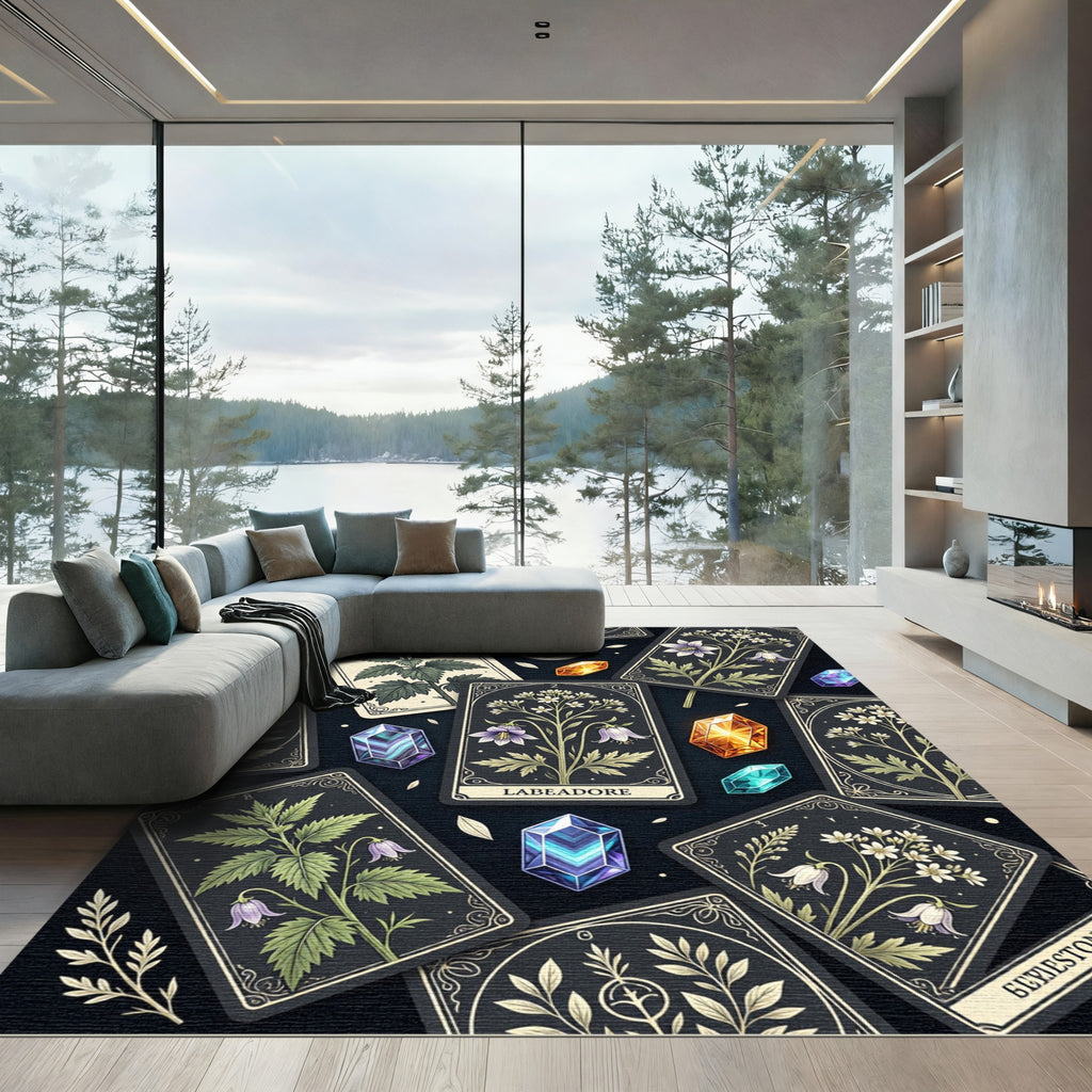 Mystical Dark Botanical Crystal Tarot Rug