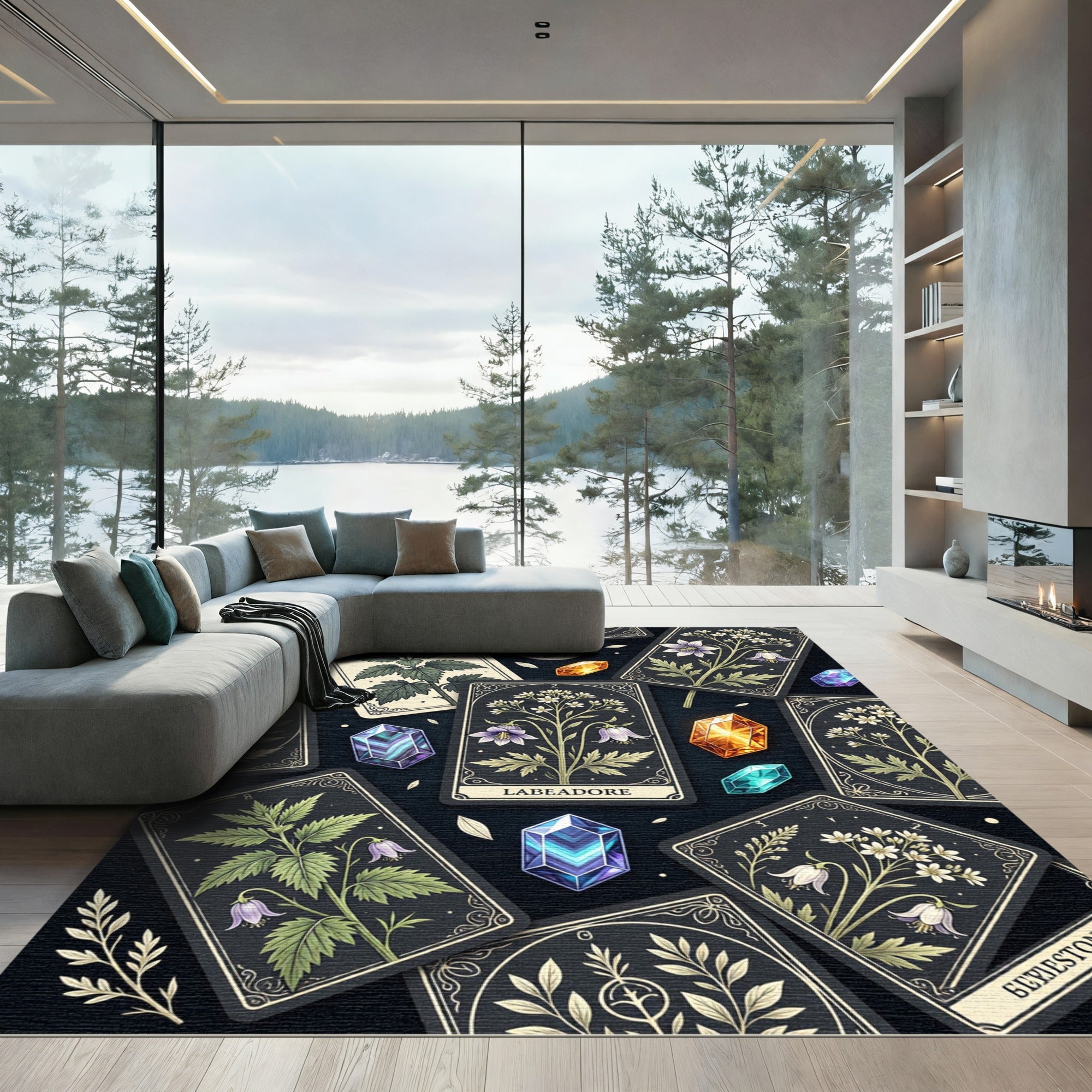Mystical Dark Botanical Crystal Tarot Rug