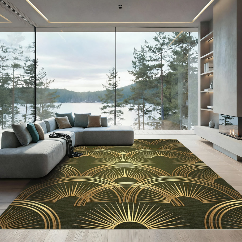 Art Deco Golden Sunburst Olive Rug
