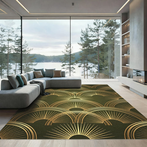 Art Deco Golden Sunburst Olive Rug