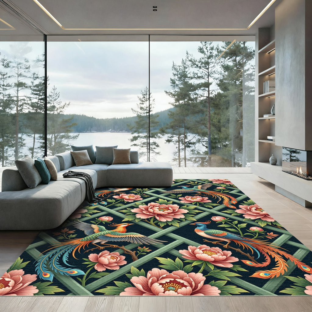 Chinoiserie Phoenix Floral Lattice Art Rug