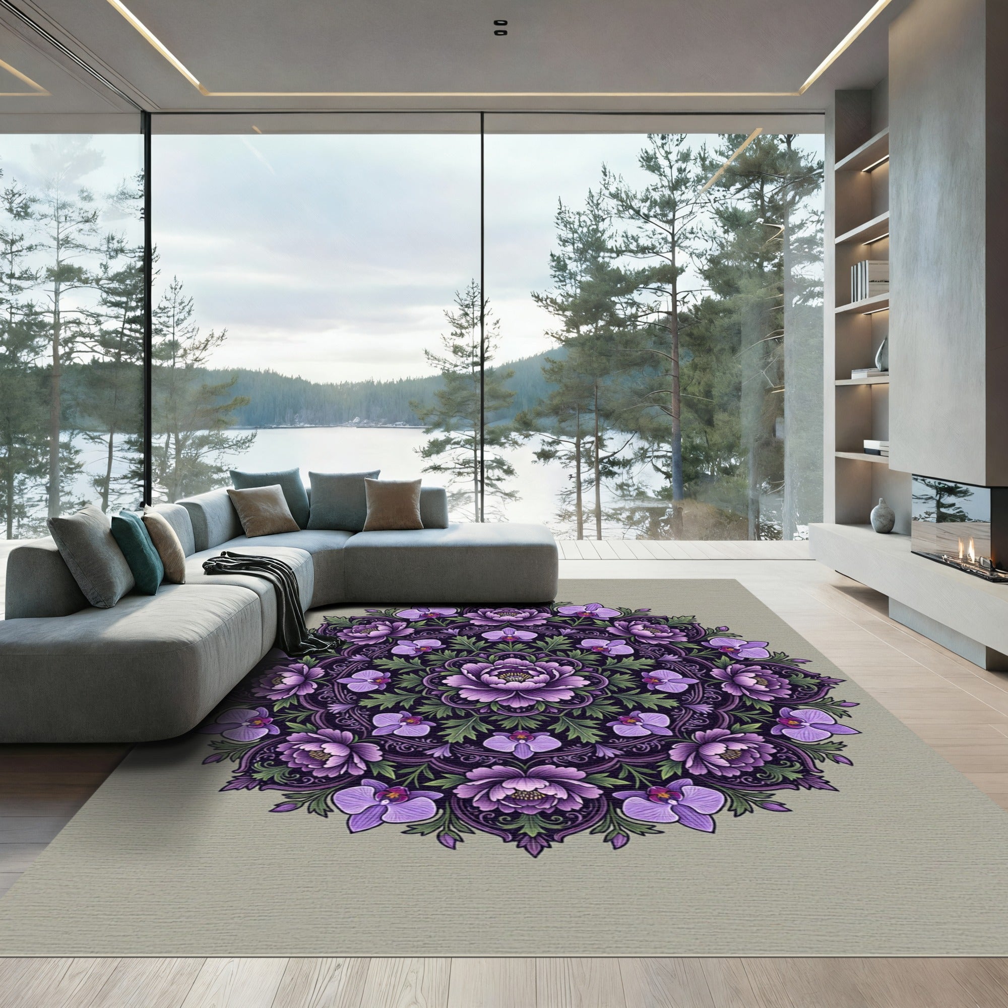Ornate Purple Peony Orchid Mandala Rug