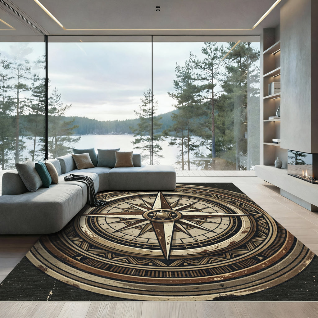 Vintage Nautical Compass Medallion Area Rug