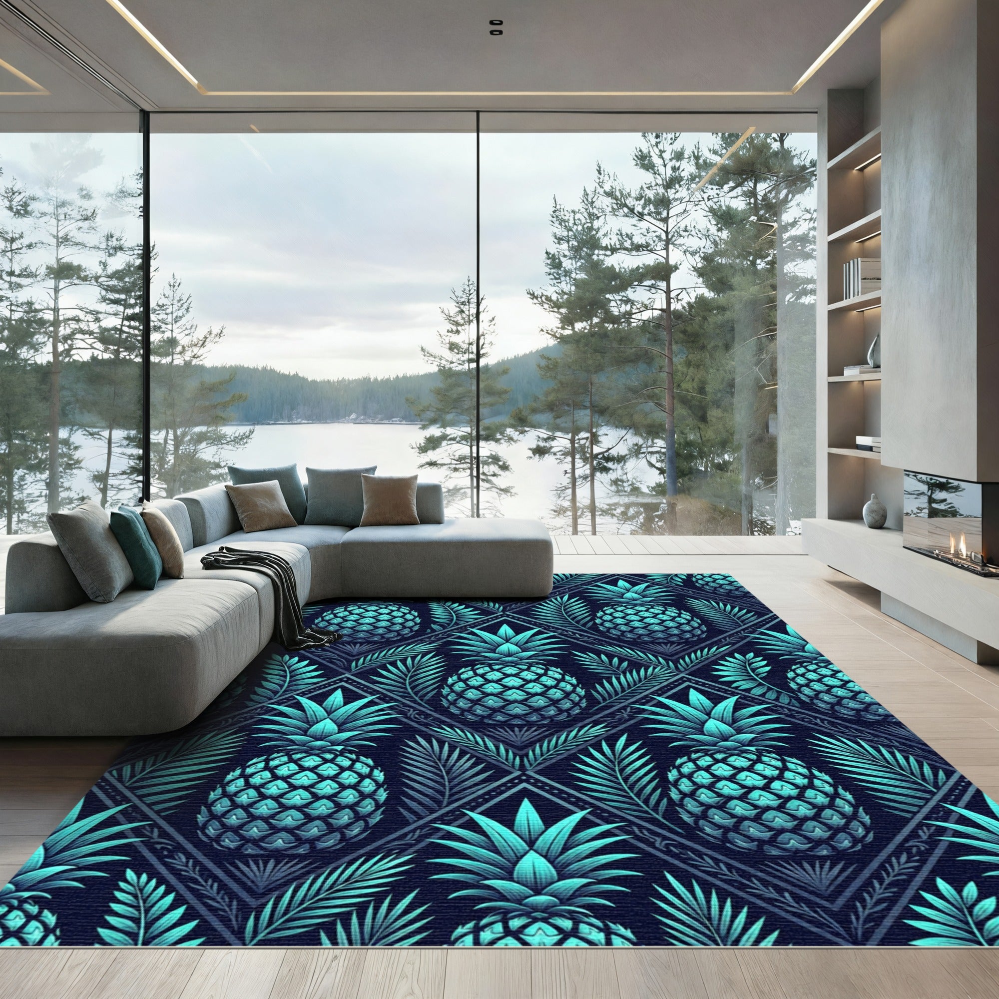 Teal Tropical Pineapple Geometric Grid Rug
