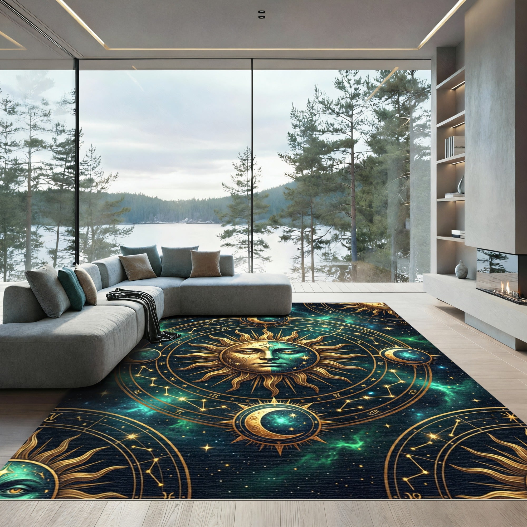 Celestial Gold Sun and Moon Art Rug