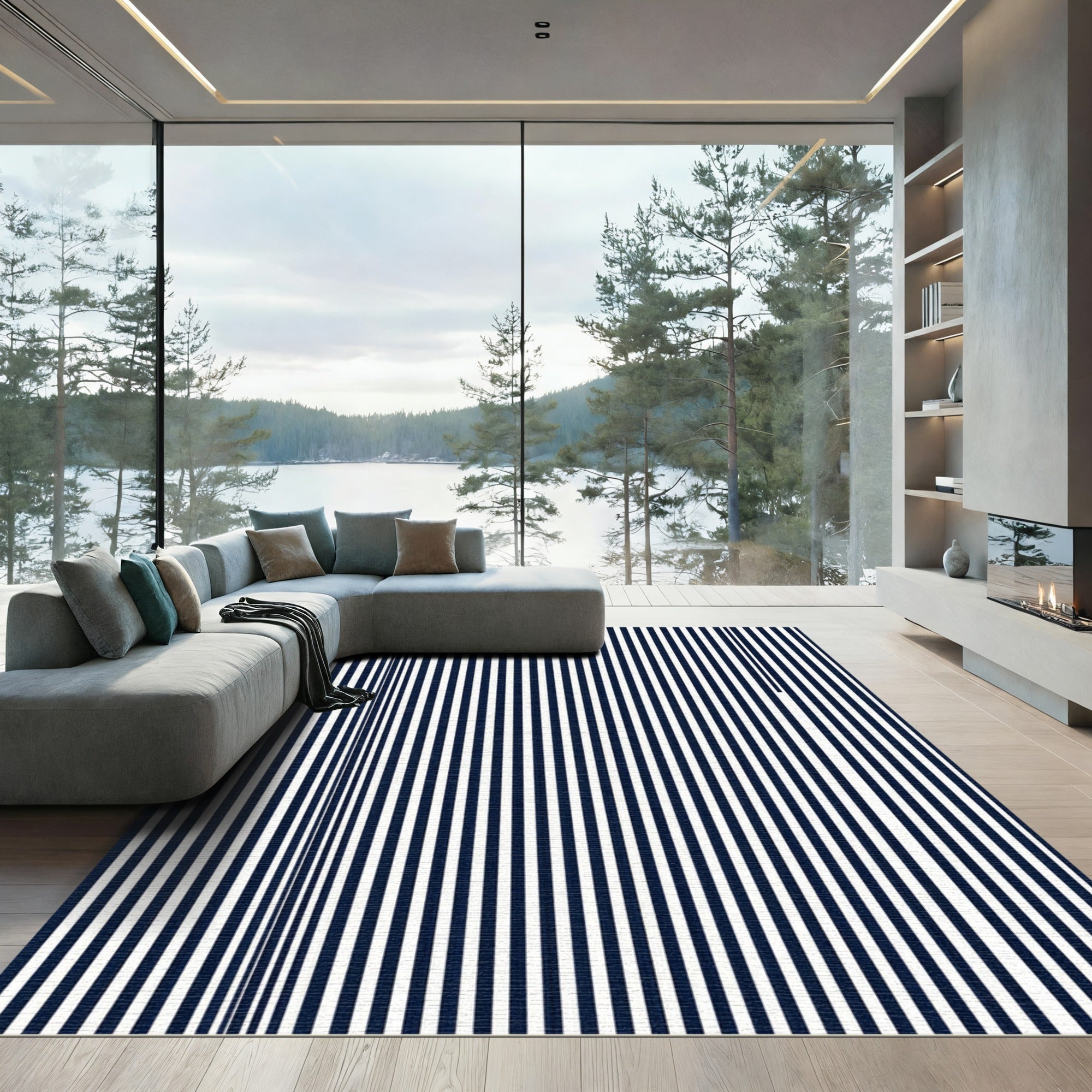 Navy White Vertical Stripe Composition Rug