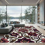 Dark Crimson Floral Scroll Botanical Rug