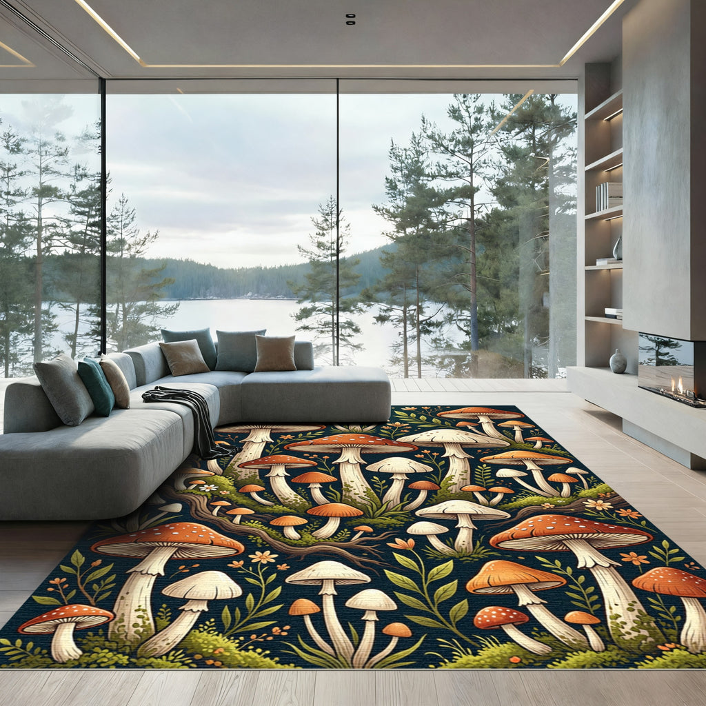 Whimsical Forest Mushroom Botanical Illustration Rug