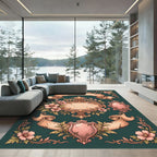 Ornate Floral Scroll Emblem Teal Rug