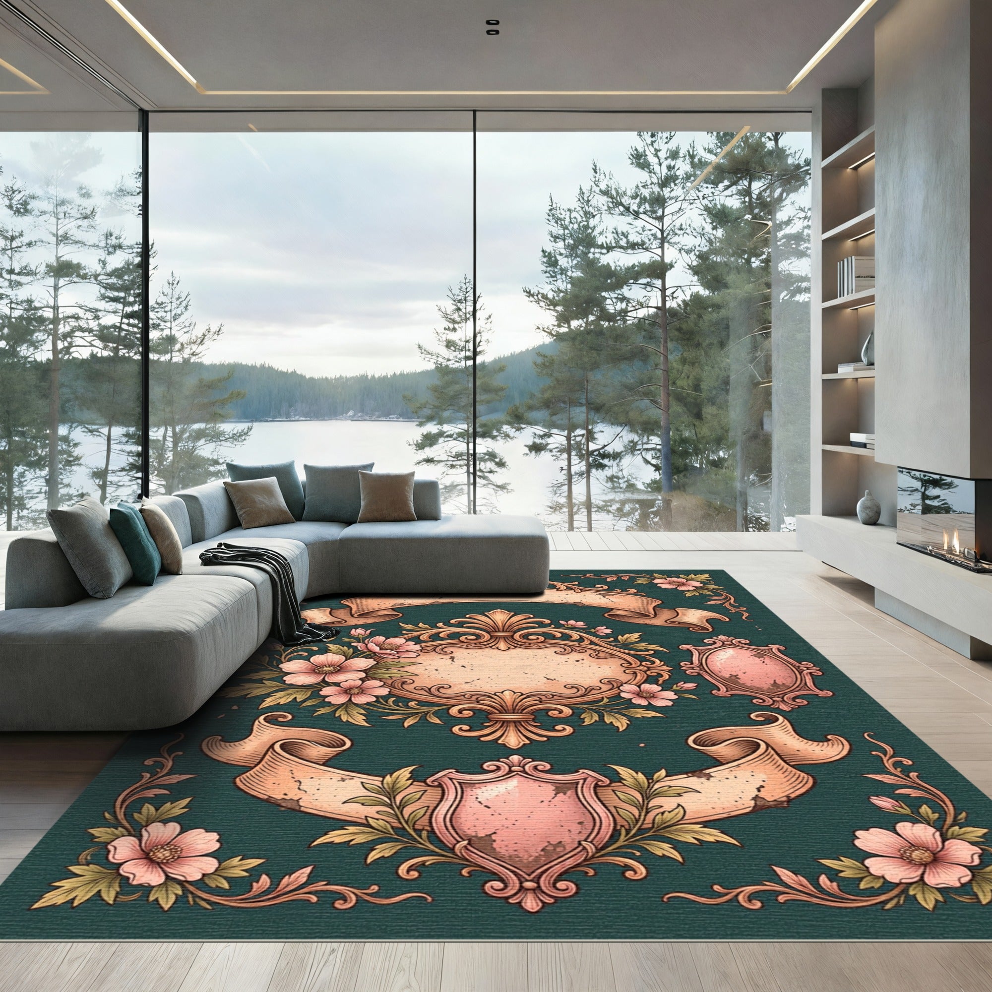 Ornate Floral Scroll Emblem Teal Rug