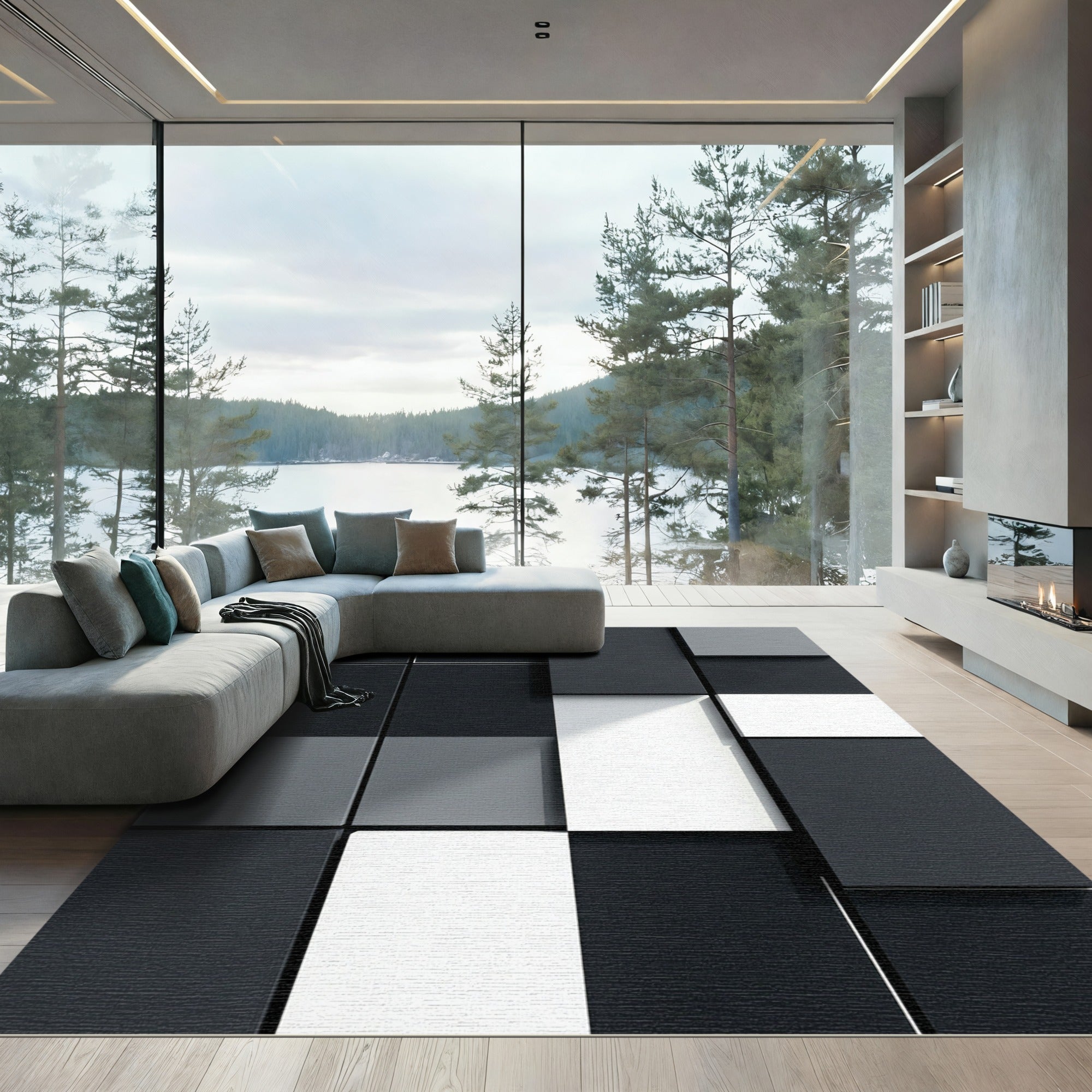 Monochromatic Geometric Squares Shadow Play Rug