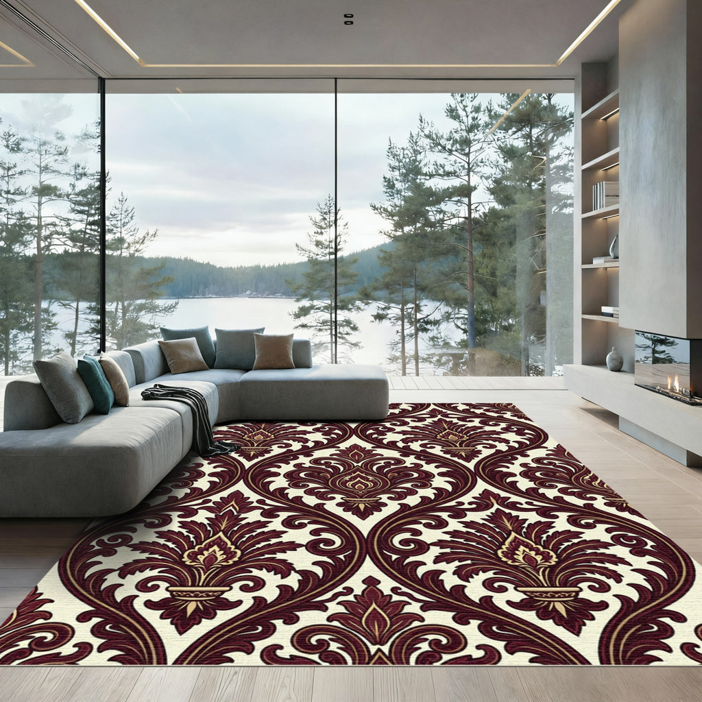 Elegant Damask Scroll Burgundy Cream Art Rug
