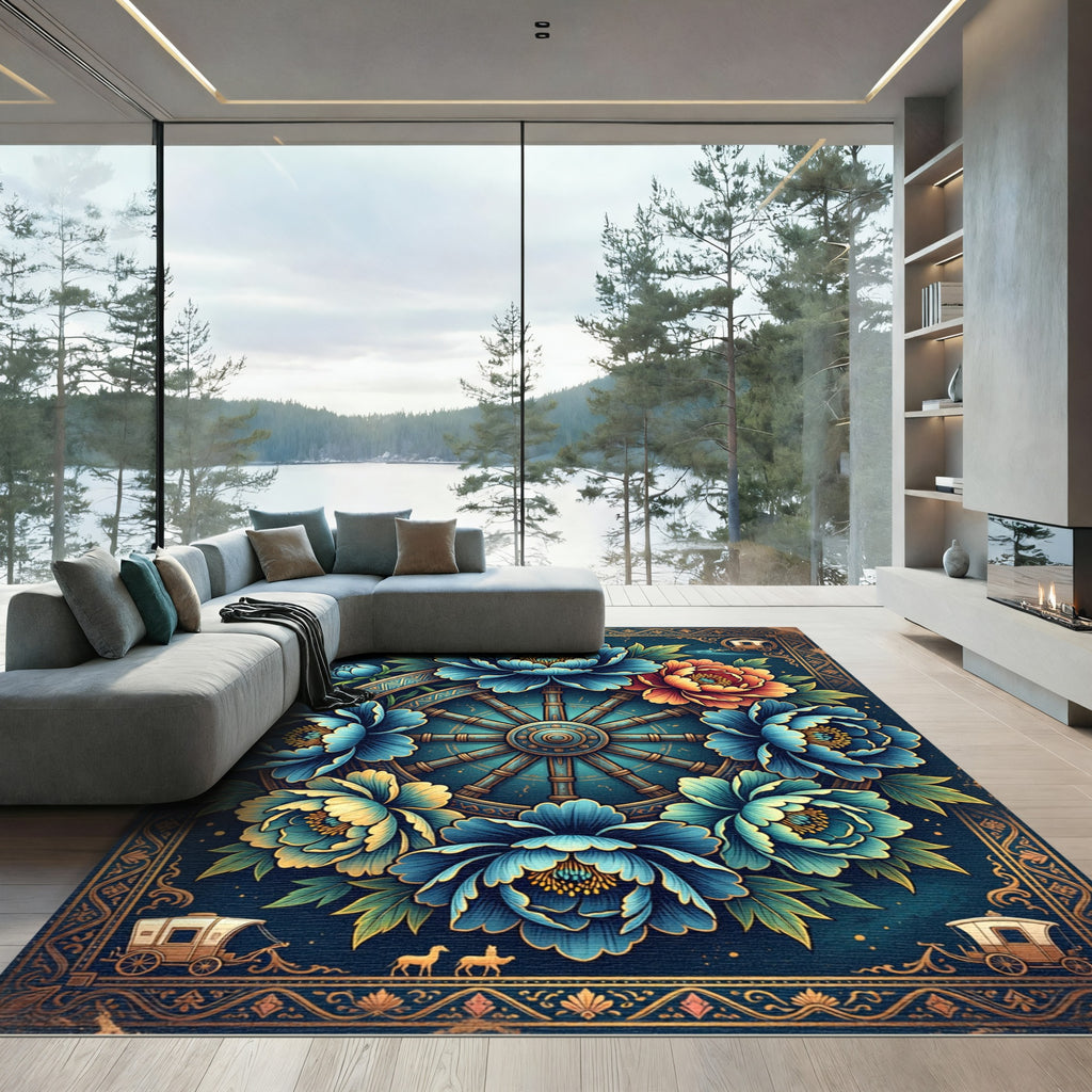 Midnight Azure Peony Carriage Wheel Art Rug