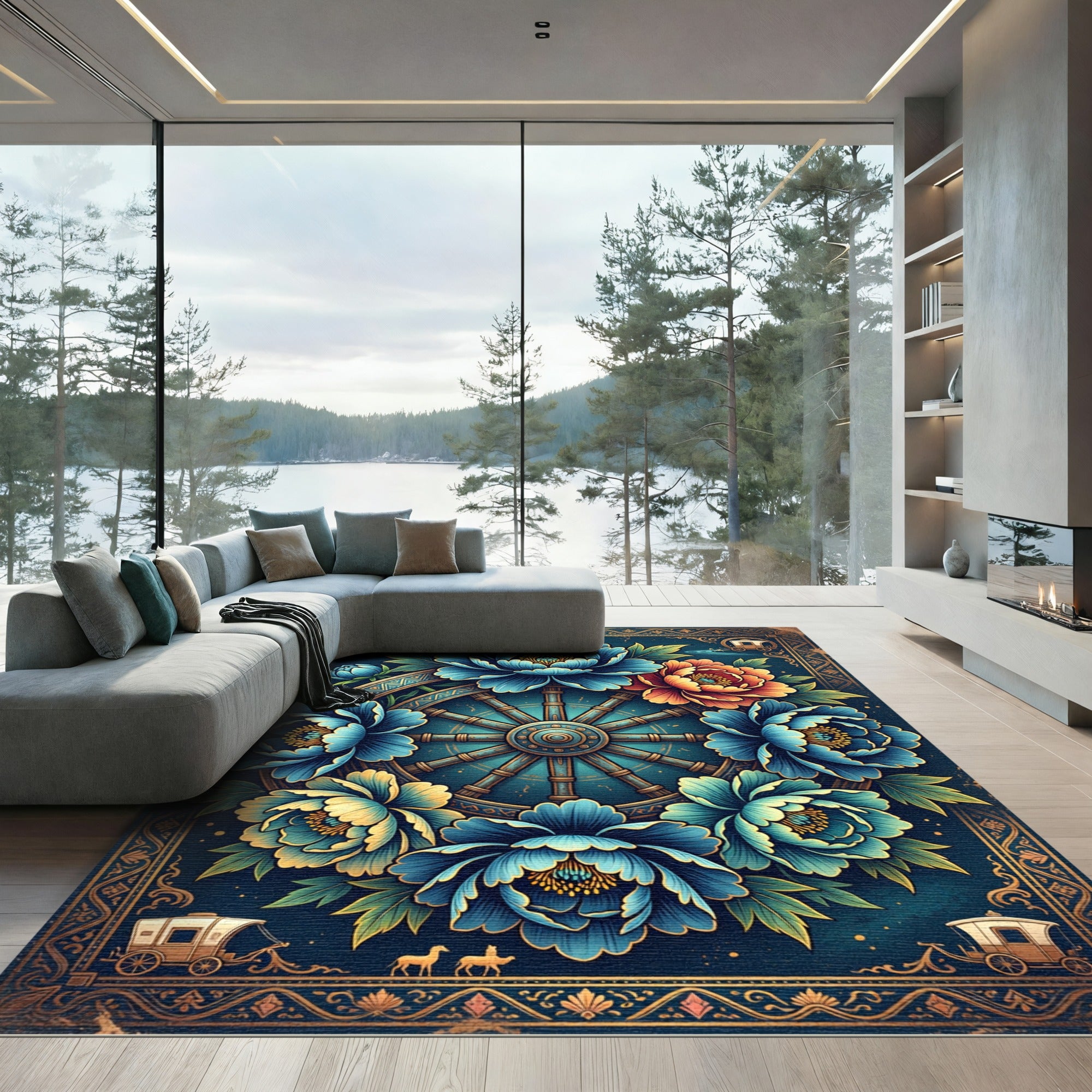 Midnight Azure Peony Carriage Wheel Art Rug