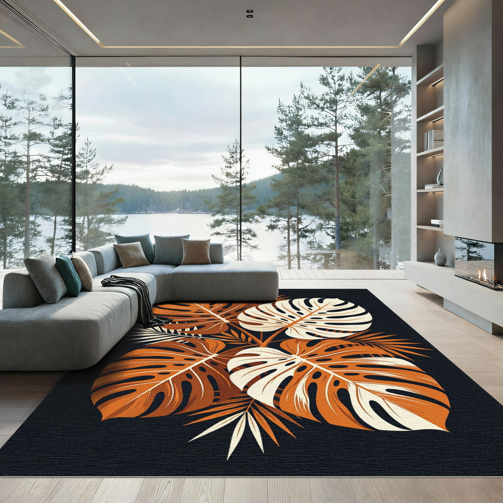 Minimalist Tropical Monstera Leaf Earthy Composition Rug