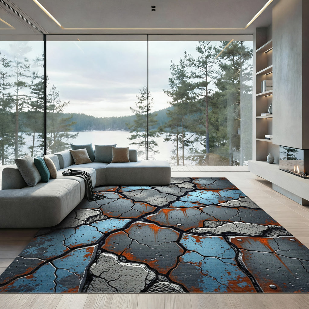 Cracked Blue Concrete Rusted Metal Plates Rug