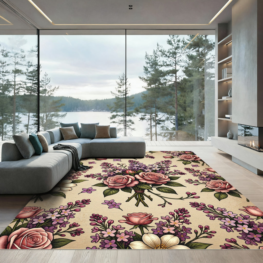 Vintage Pink Rose and Lilac Bouquet Rug
