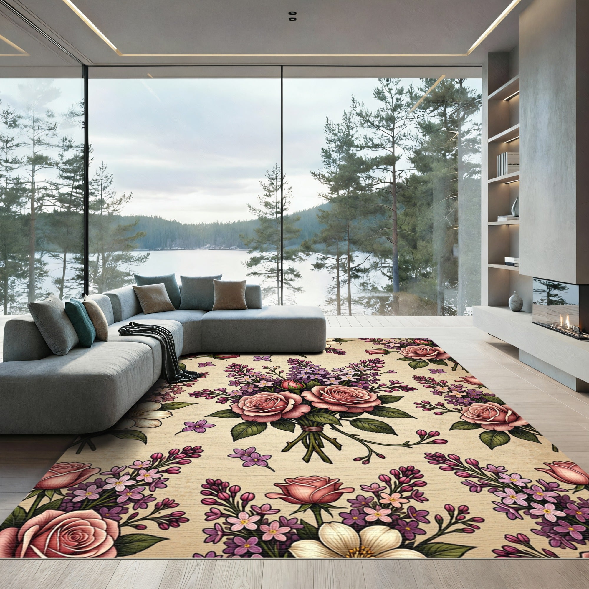 Vintage Pink Rose and Lilac Bouquet Rug