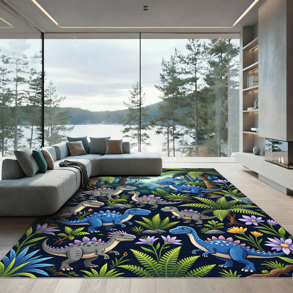 Blue Dinosaur Jungle Tropical Forest Rug