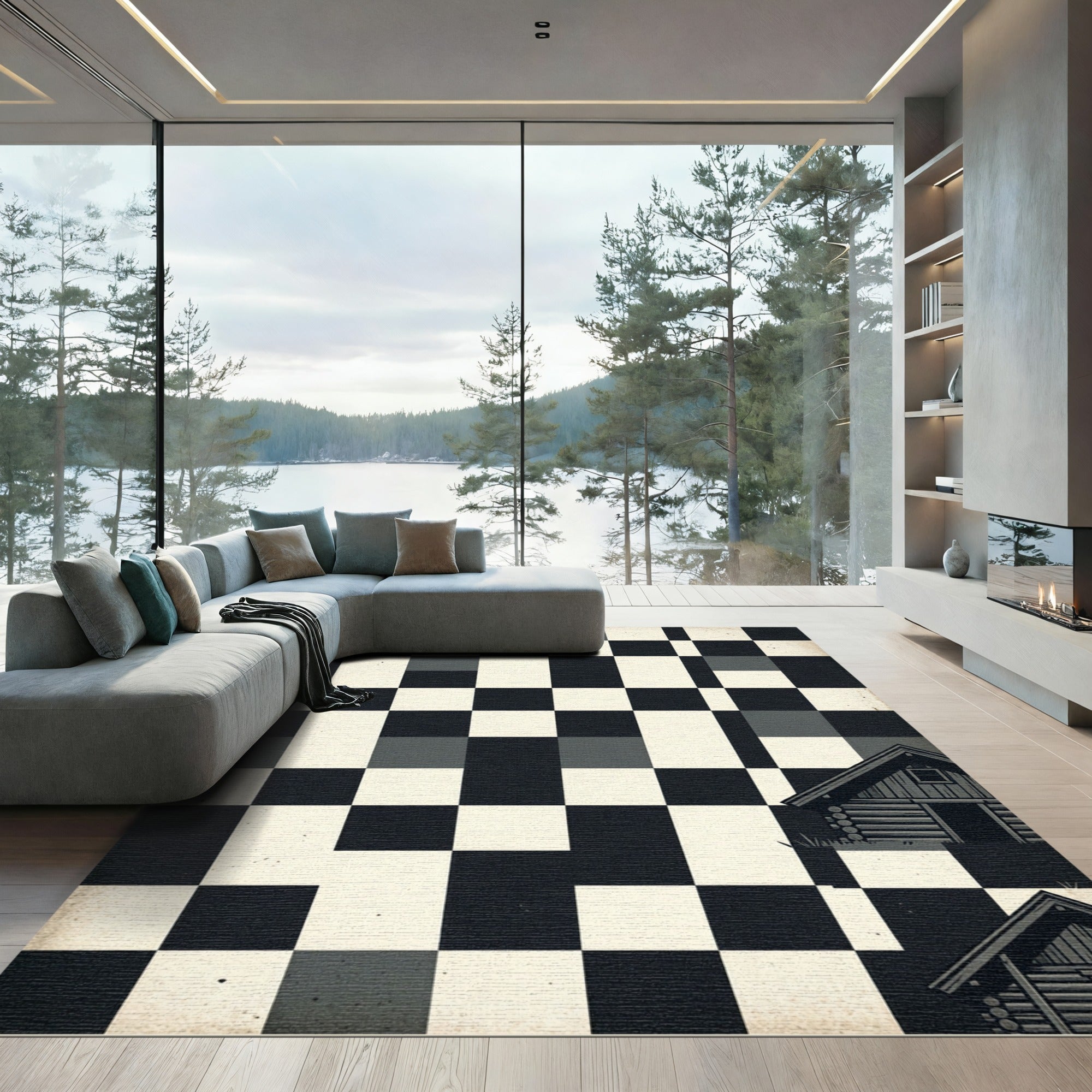 Monochromatic Checkered Cabin Geometric Art Rug