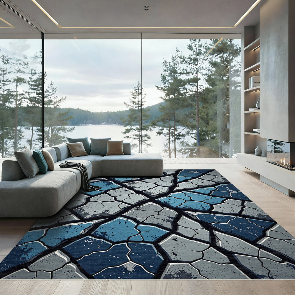 Fragmented Teal Gray Stone Surface Rug