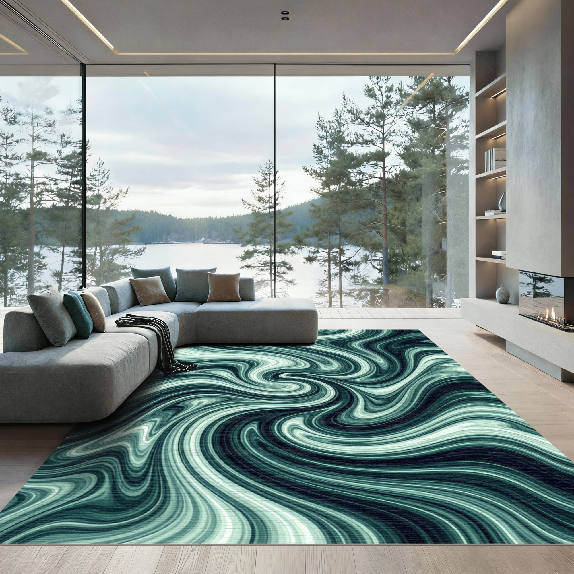 Emerald Green Abstract Fluid Swirl Rug