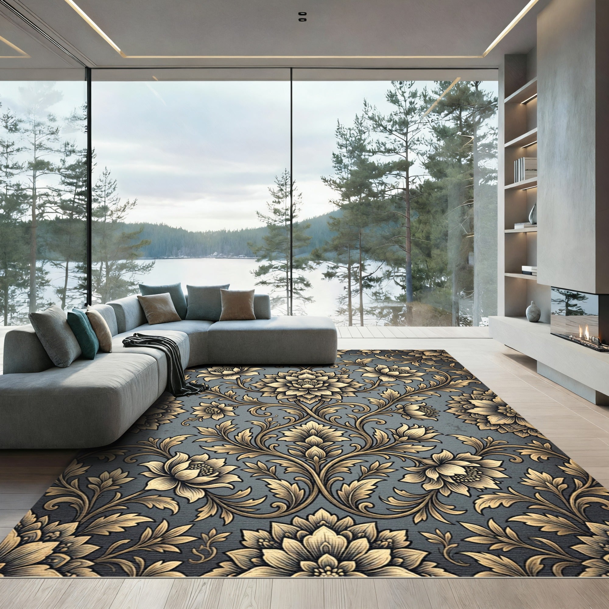 Elegant Gold Floral Damask Charcoal Rug