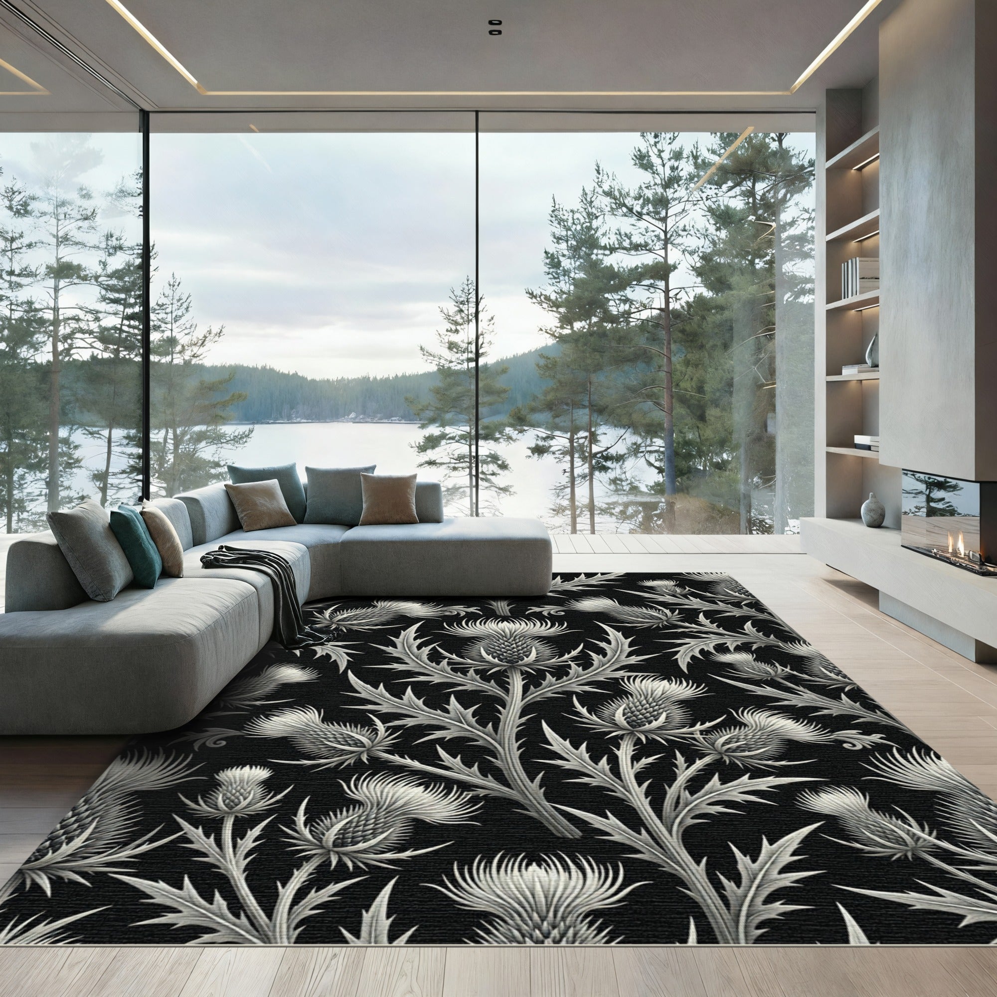 Monochromatic Black and White Thistle Scroll Rug