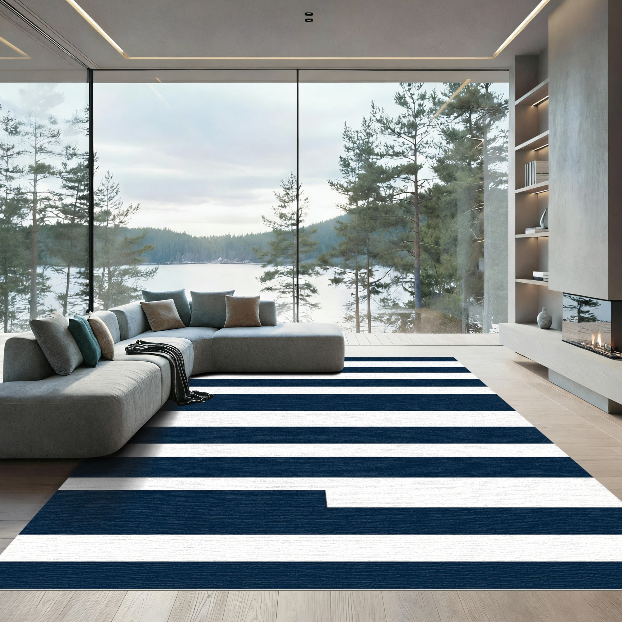 Minimalist Navy White Horizontal Stripe Rug