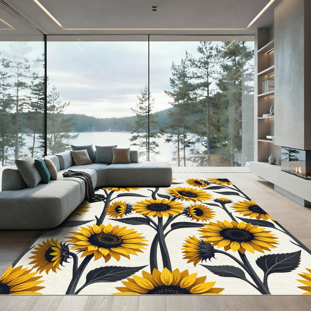 Radiant Golden Sunflower Botanical Illustration Rug