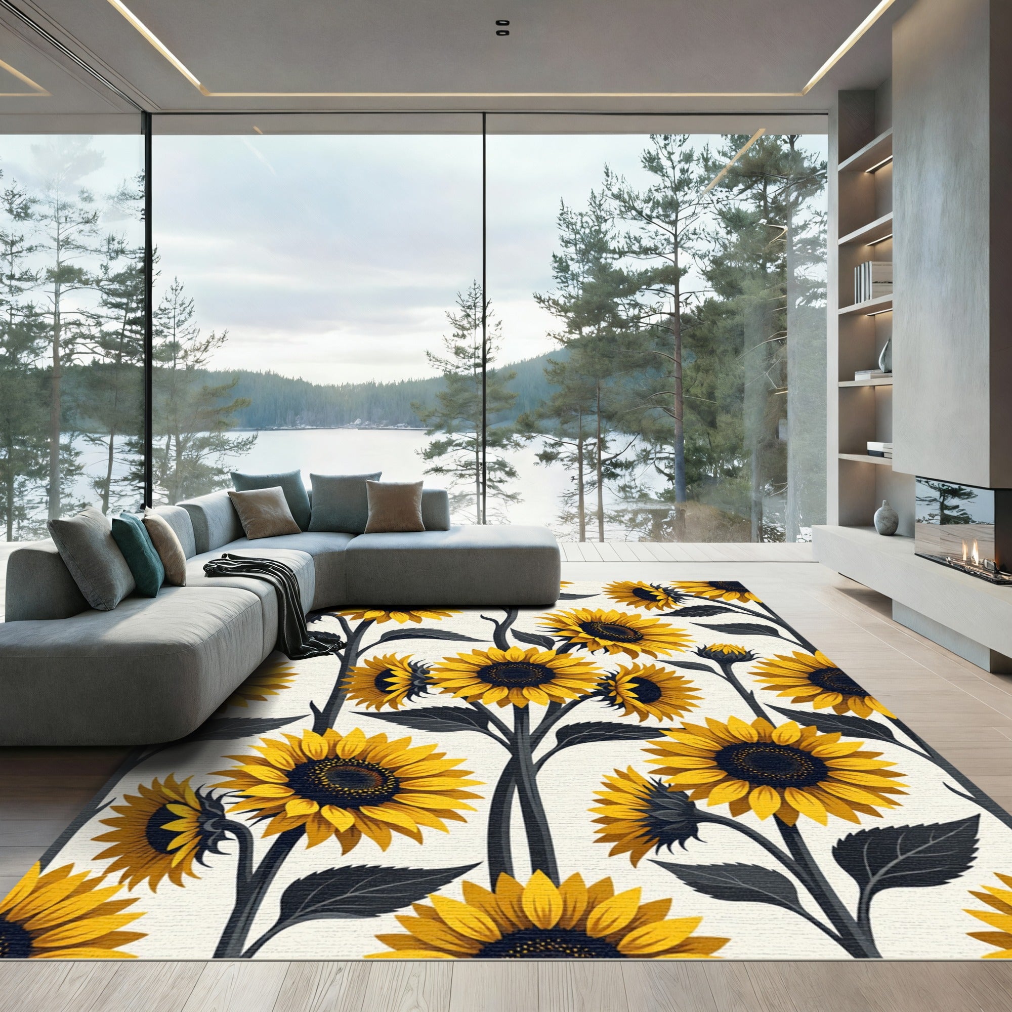 Radiant Golden Sunflower Botanical Illustration Rug