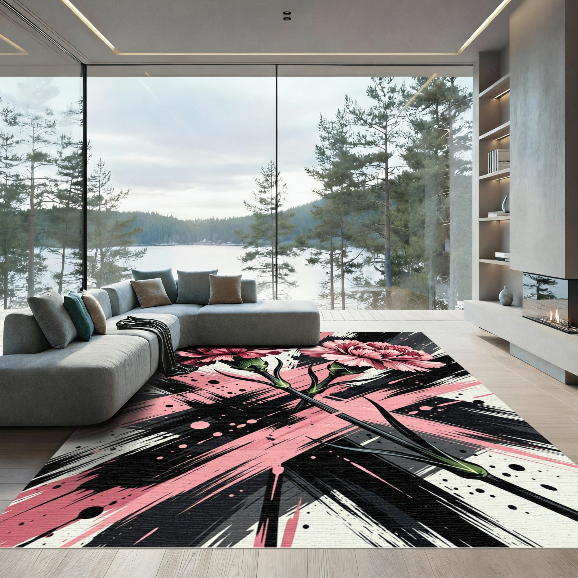 Abstract Carnation Pink and Black Brushstroke Rug