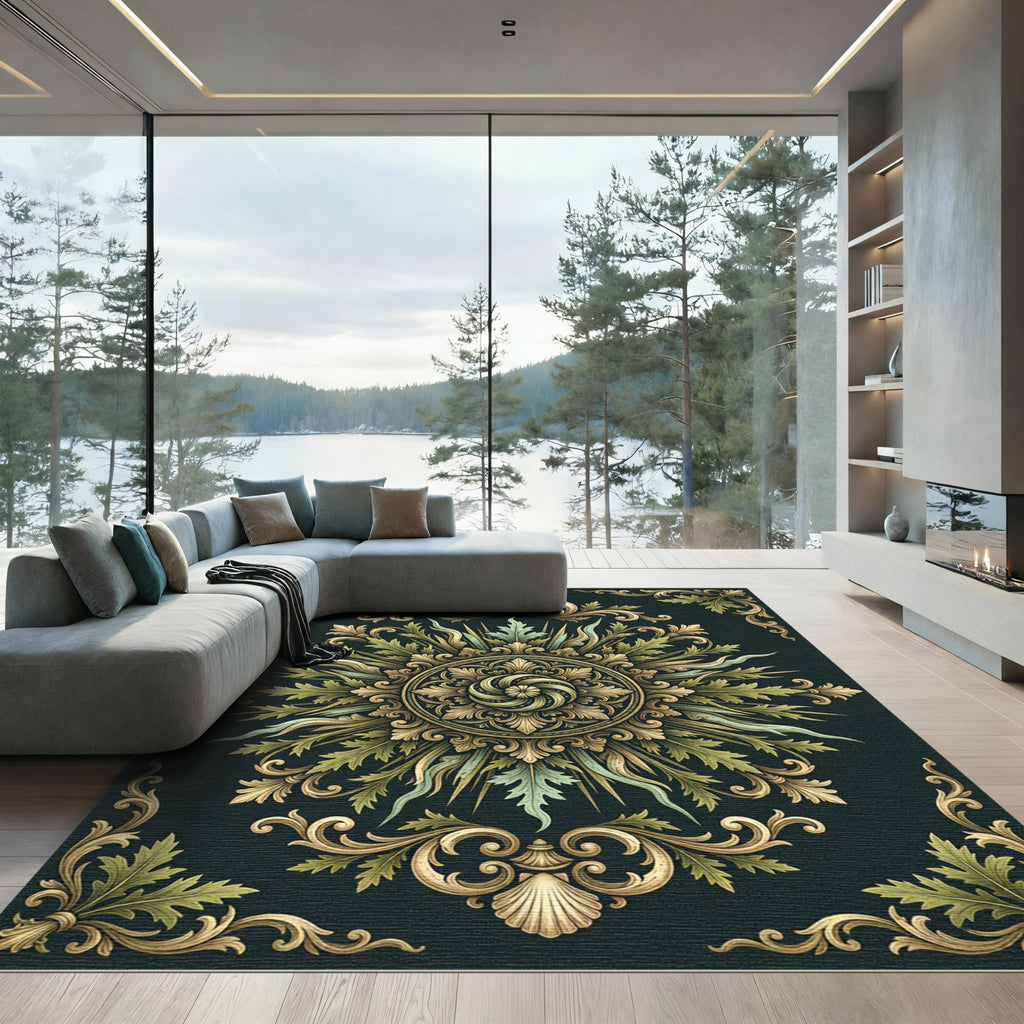 Ornate Golden Sage Filigree Medallion Rug