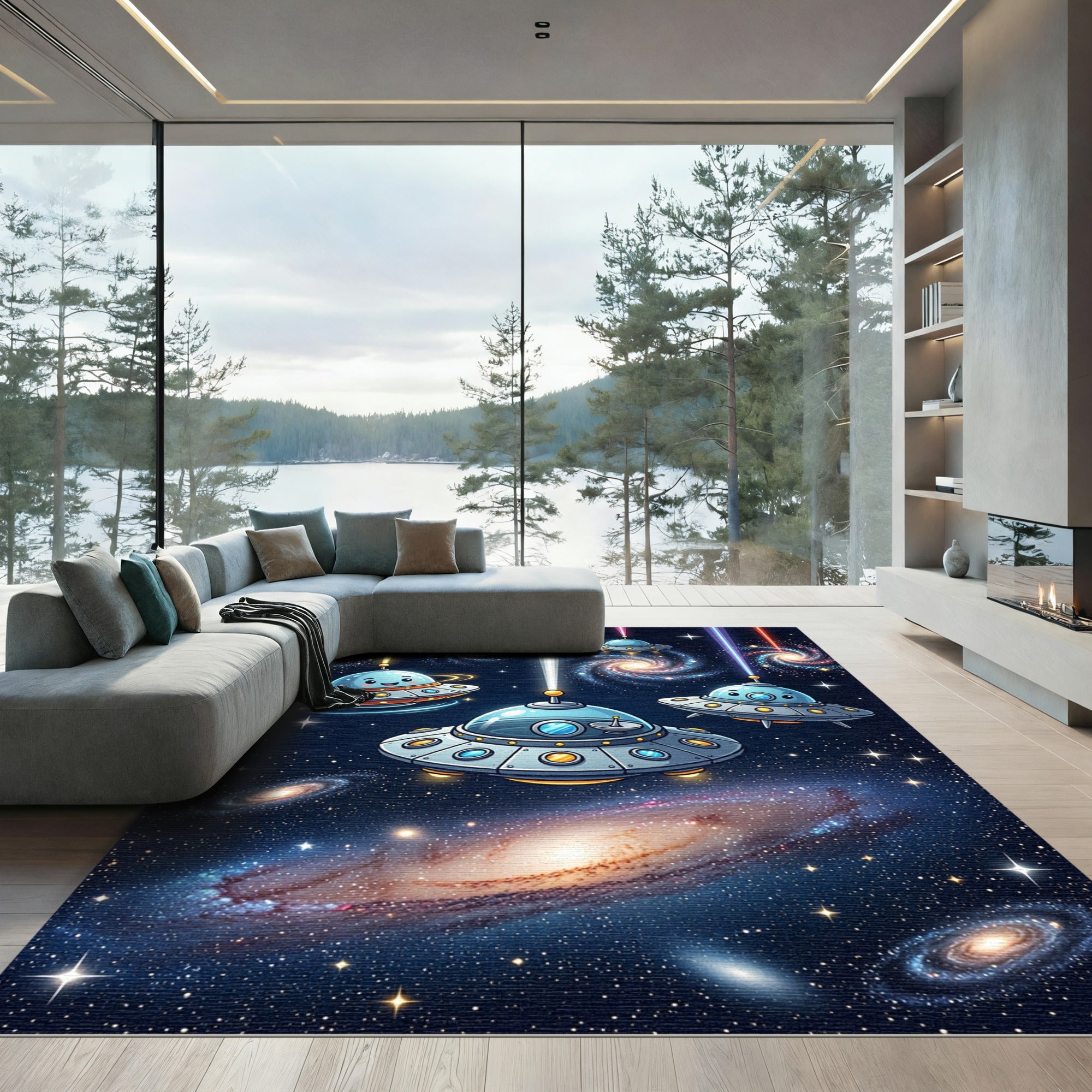 Whimsical Cosmic Galaxy Ufo Stars Rug