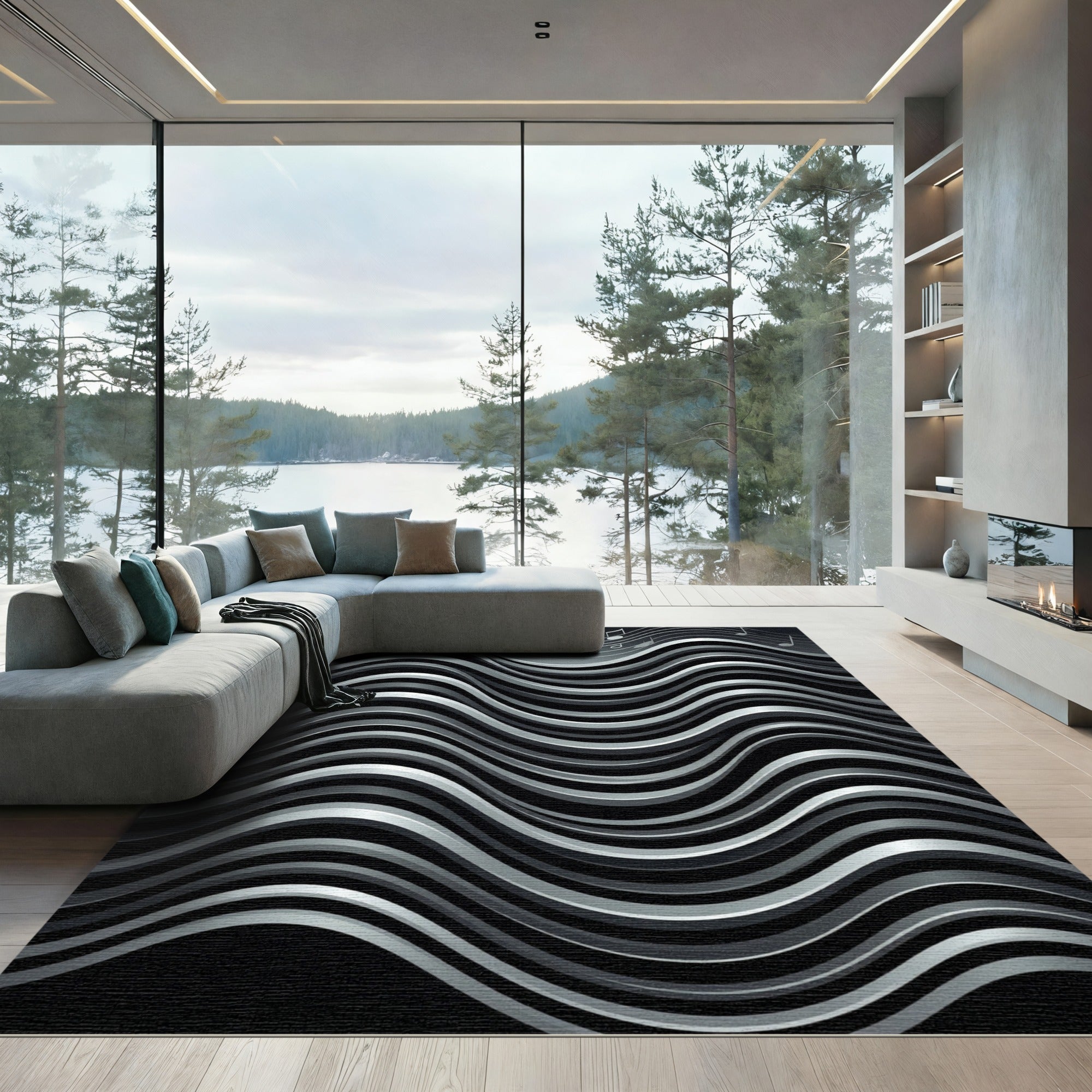 Silver Black Wave Musical Notes Rug