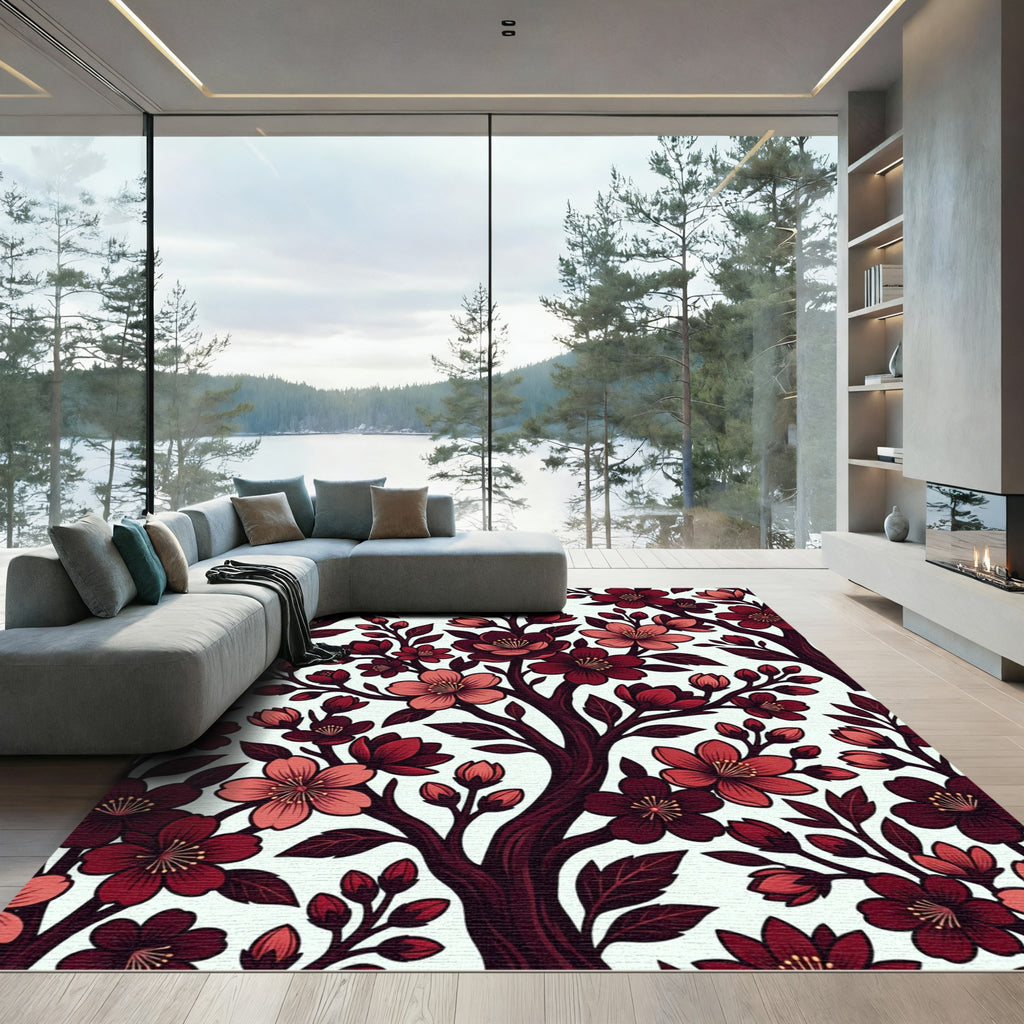 Dark Crimson Cherry Blossom Floral Rug