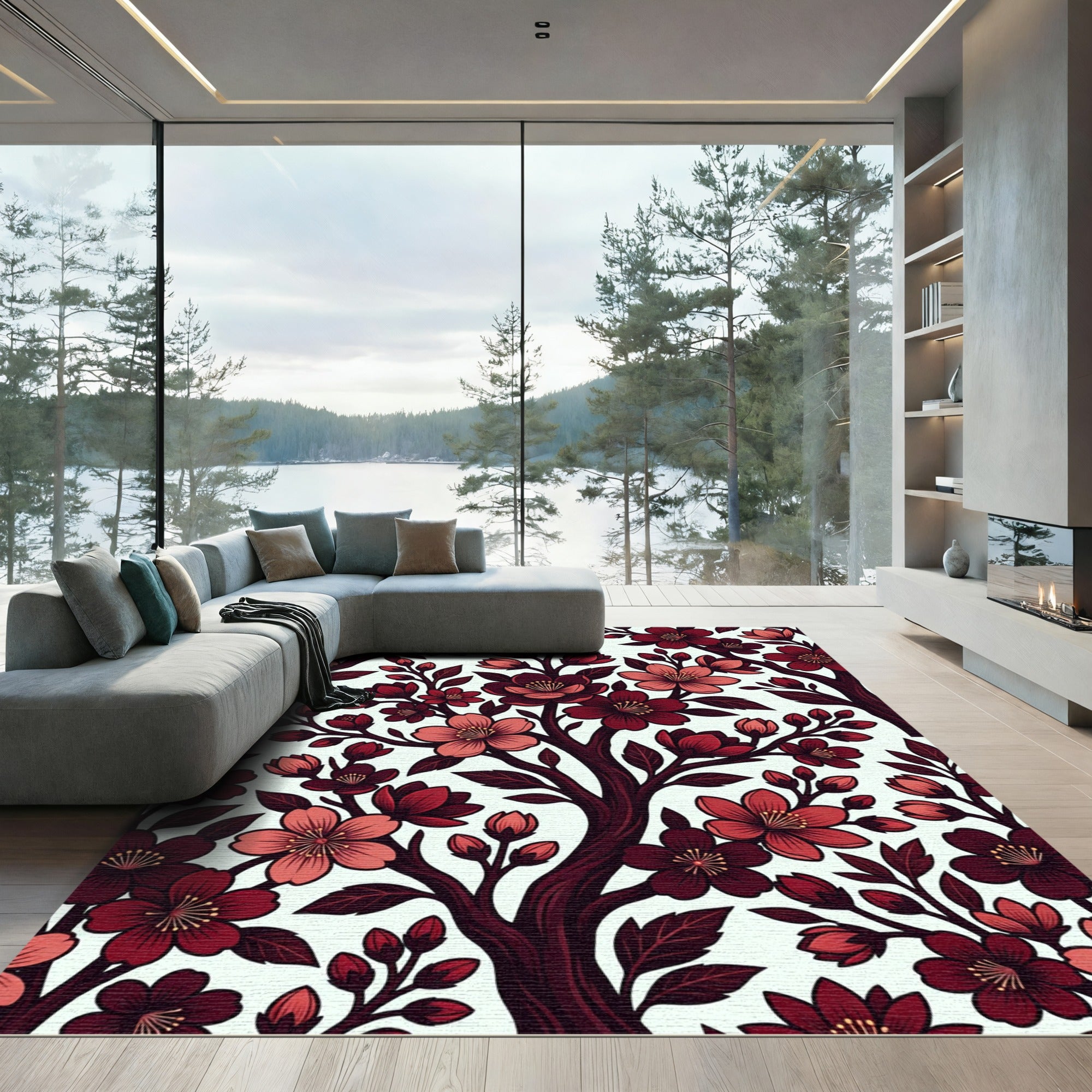 Dark Crimson Cherry Blossom Floral Rug