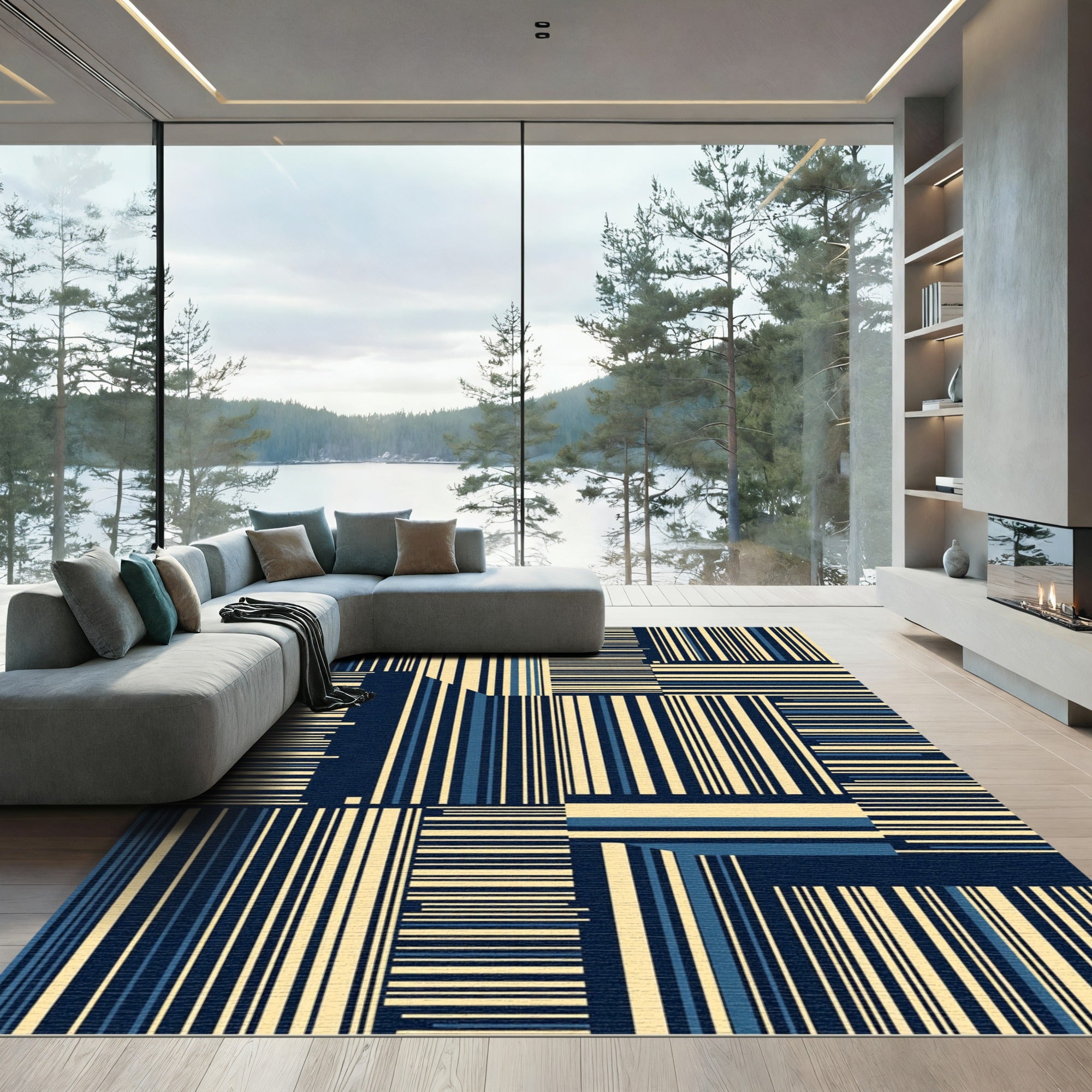 Modern Navy and Cream Vertical Striped Abstract Rug