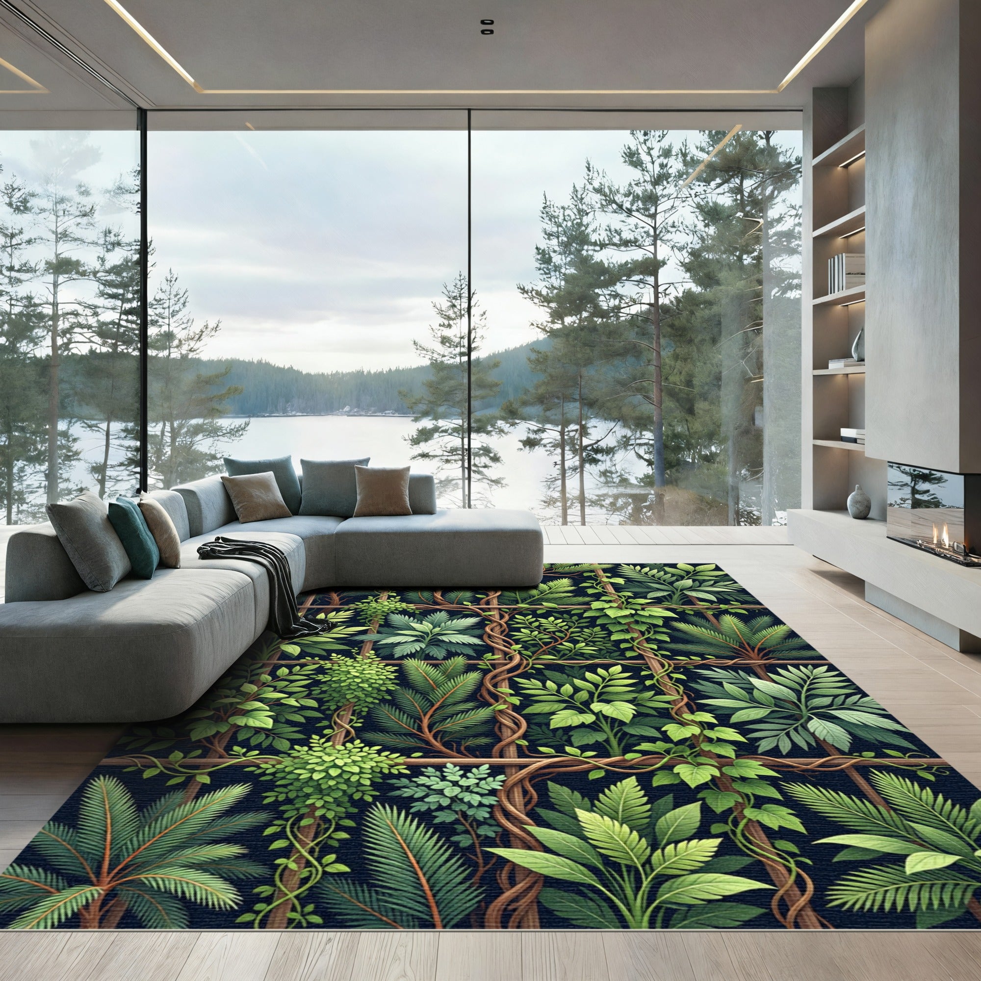 Lush Green Botanical Trellis Grid Rug