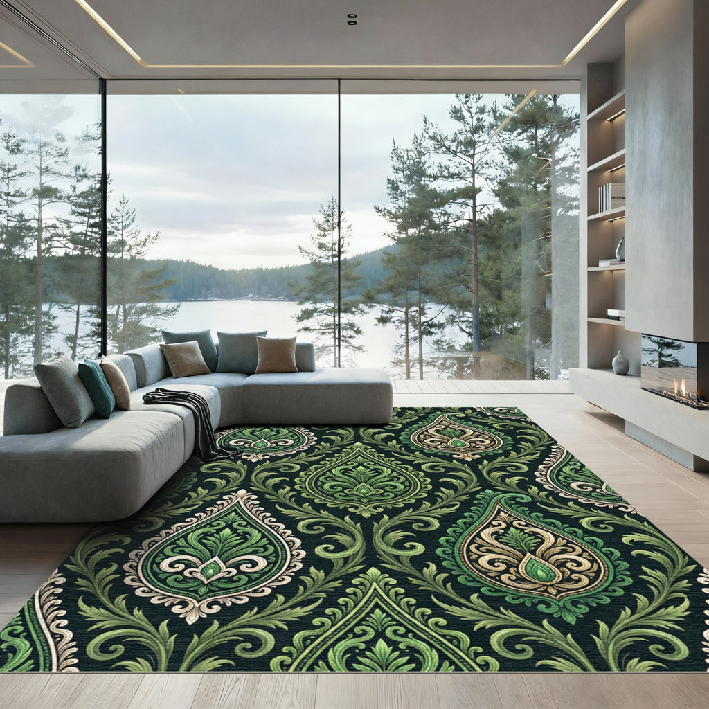 Emerald Green Ornamental Paisley Damask Rug