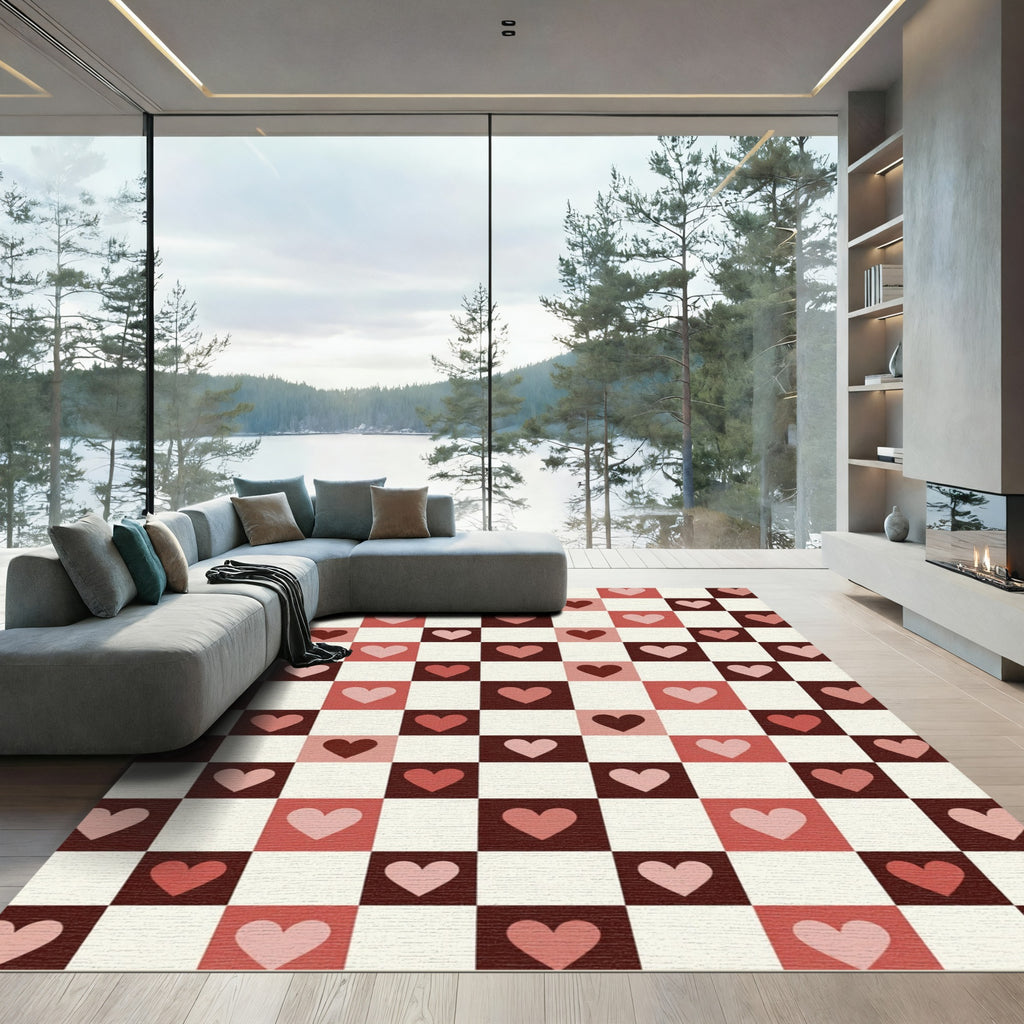 Red Pink Cream Heart Checkerboard Rug