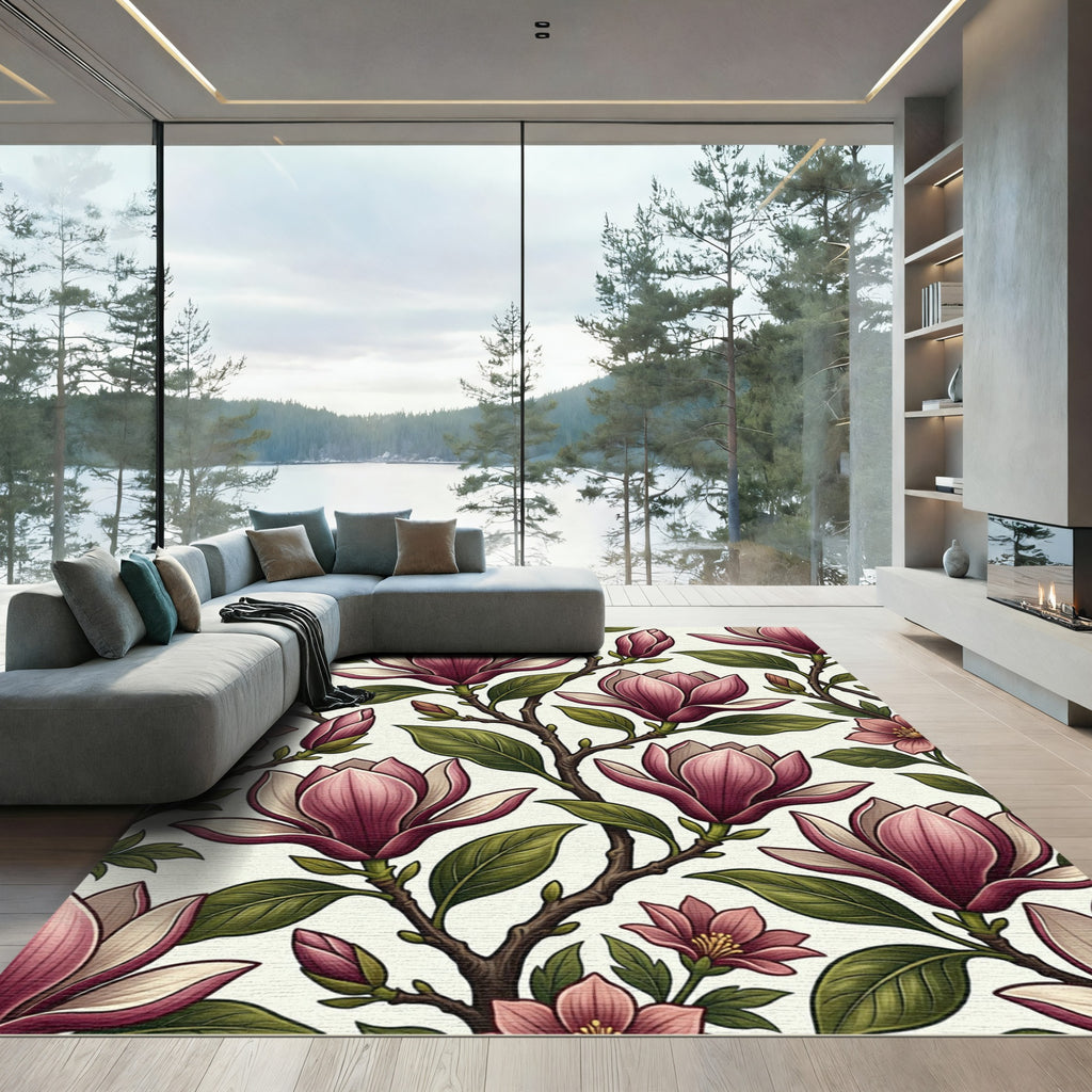 Pink Magnolia Branch Botanical Illustration Redesign Rug