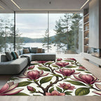 Pink Magnolia Branch Botanical Illustration Redesign Rug