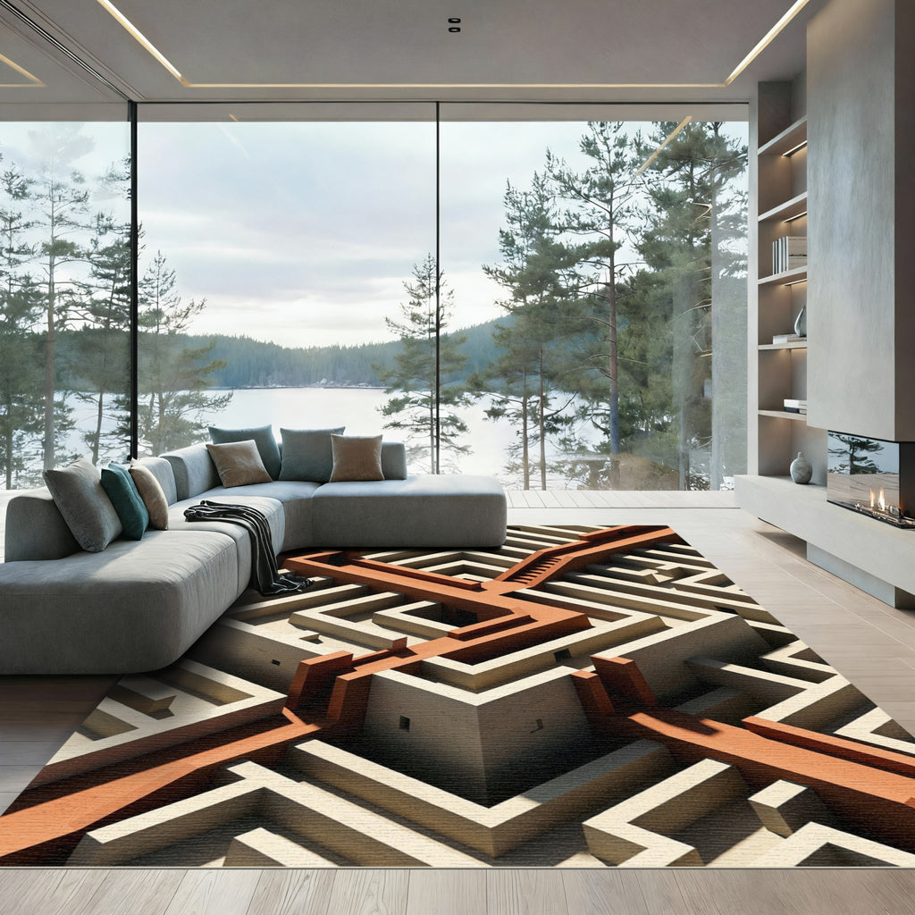 Terracotta Isometric Labyrinth Geometric Rug