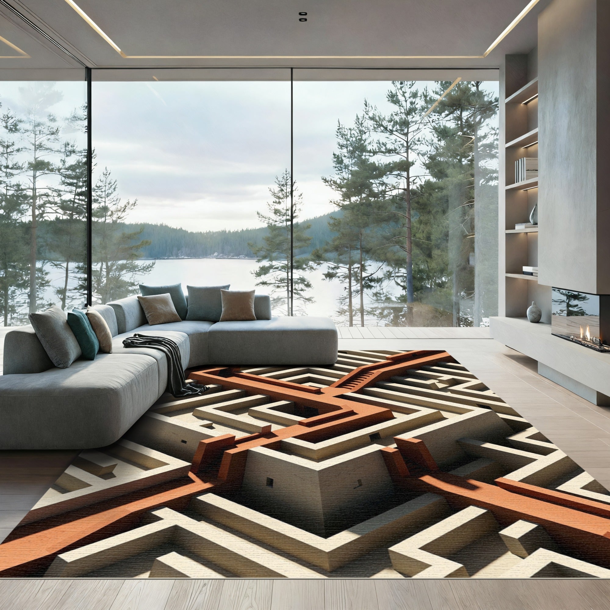 Terracotta Isometric Labyrinth Geometric Rug